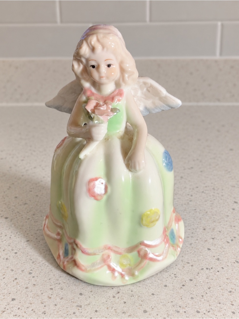 Porcelain Angel Bell Figurine Pastel Floral Rose Wings Vintage